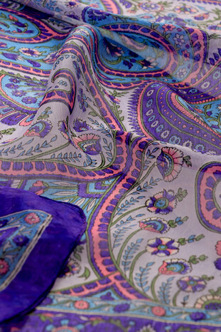 Purple Patterned Indian Silk Square Scarf - Thumbnail