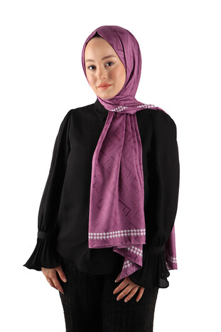 Purple Patterned Silky Scarf - Thumbnail