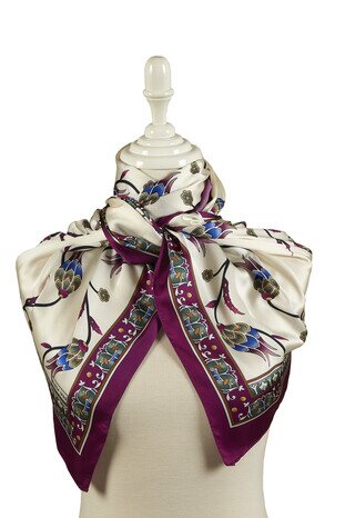 Purple Tulip Pattern Wide Silky Foulard - Thumbnail