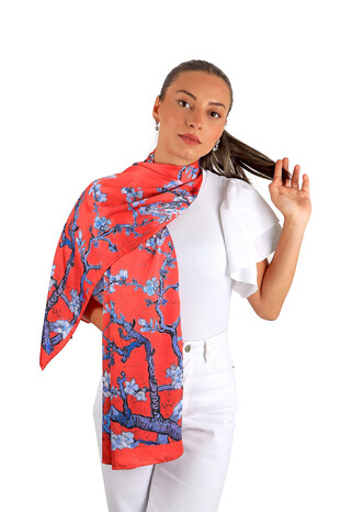 Red Almond Blossom Silky Foulard - Thumbnail