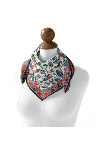 Red Anatolian Pattern Soft Square Scarf - Thumbnail