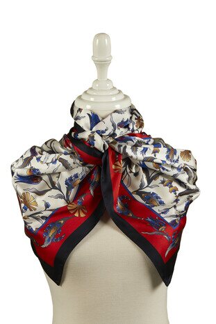 Red Black Carnation Tulip Pattern Wide Silky Foulard - Thumbnail