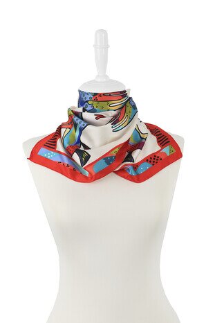 Red Black Patterned Silky Foulard - Thumbnail