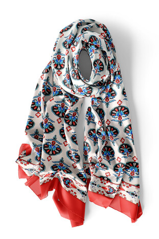 Red Carnation Pattern Silk Foulard - Thumbnail