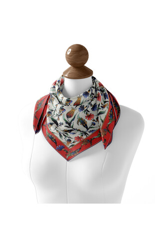 Red Carnation Tulip Pattern Soft Square Scarf - Thumbnail