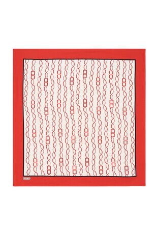 Red Chain Pattern Twill Silk Square Scarf - Thumbnail