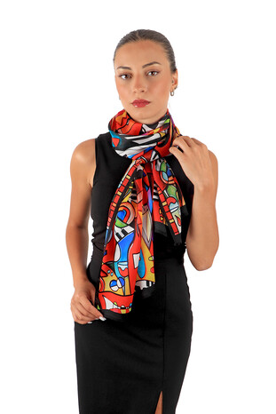 Red Cubik Jazz Silk Painting Foulard - Thumbnail