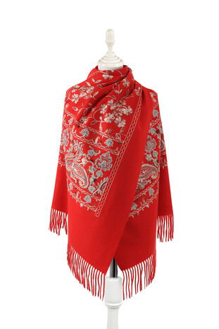 Red Embroidered Winter Shawl - Thumbnail