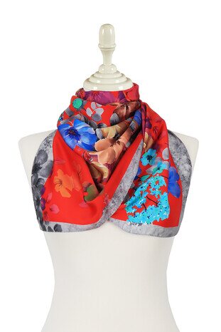 Red Floral Silky Foulard - Thumbnail