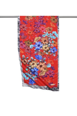 Red Floral Silky Foulard - Thumbnail