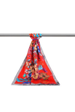 Red Floral Silky Foulard - Thumbnail