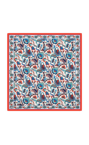 Red Flower Pattern Voile Silk Square Scarf - Thumbnail