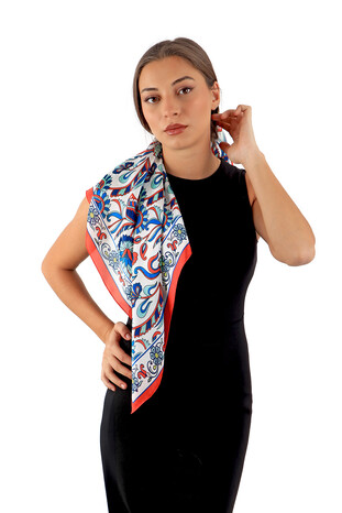 Red Flower Pattern Voile Silk Square Scarf - Thumbnail