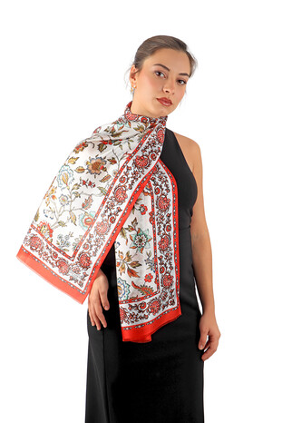 Red Lily Pattern Voile Silk Foulard - Thumbnail