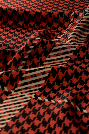 Red Line Houndstooth Pattern Twill Silk Square Scarf - Thumbnail