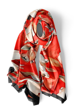 Red Narcissus Pattern Silk Foulard - Thumbnail