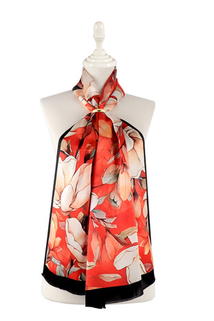 Red Narcissus Pattern Silk Foulard - Thumbnail