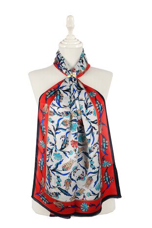 Red Navy Blue Carnation Tulip Silk Foulard - Thumbnail