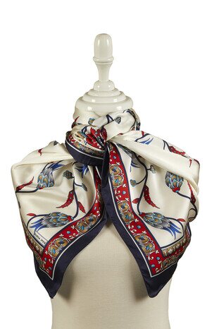 Red Navy Blue Row Tulip Pattern Wide Silky Foulard - Thumbnail