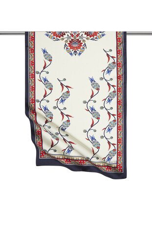 Red Navy Blue Row Tulip Pattern Wide Silky Foulard - Thumbnail