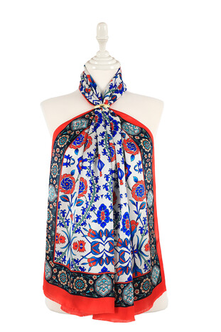 Red Navy Blue Selcuk Pattern Silk Foulard - Thumbnail