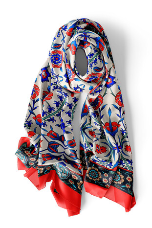 Red Navy Blue Selcuk Pattern Silk Foulard - Thumbnail