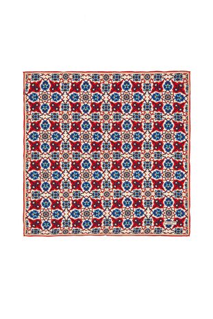 Red Navy Blue Tile Spiral Pattern Silk Pocket Square - Thumbnail