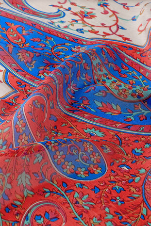 Red Patterned Indian Silk Scarf - Thumbnail