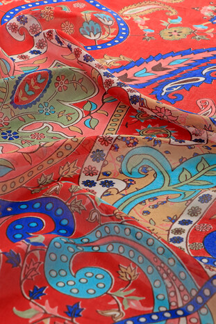 Red Patterned Indian Silk Scarf - Thumbnail