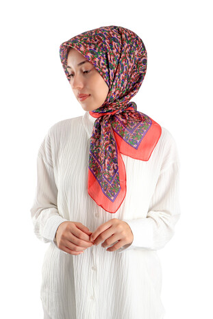 Red Patterned Indian Silk Square Scarf - Thumbnail