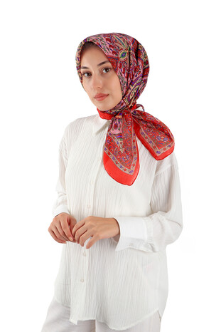 Red Patterned Indian Silk Square Scarf - Thumbnail