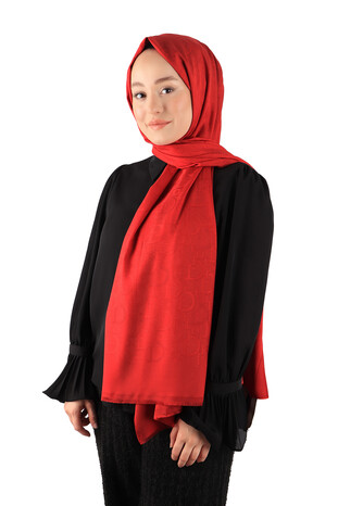 Red Patterned Silky Scarf - Thumbnail