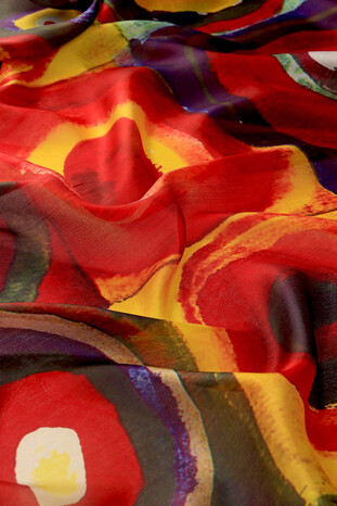 Red Patterned Voile Silk Imported Scarf - Thumbnail