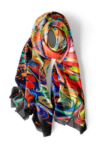 Red Peacock Pattern Silk Foulard - Thumbnail