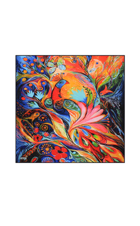 Red Peacock Pattern Silk Pocket Square - Thumbnail