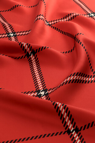 Red Plaid Pattern Twill Silk Square Scarf - Thumbnail