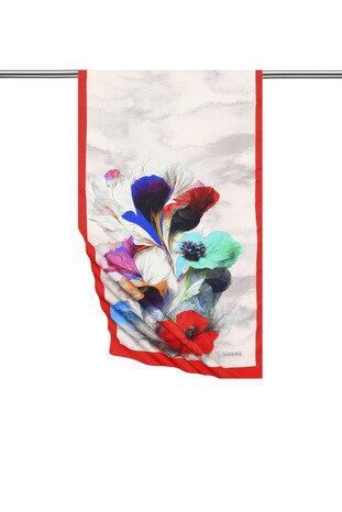 Red Poppy Pattern Silky Foulard - Thumbnail