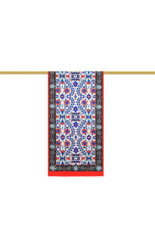 Red Seljuk Pattern Narrow Silk Foulard - Thumbnail