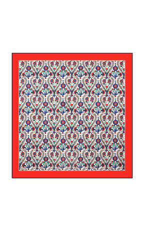 Red Side Pattern Silk Square Scarf - Thumbnail