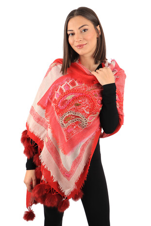 Red Three Layer Washed Wool Shawl - Thumbnail