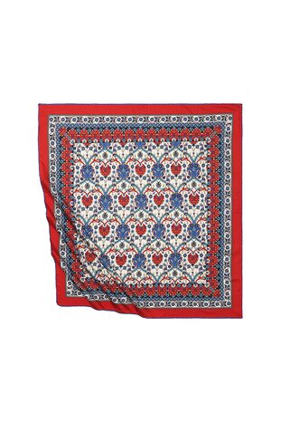 Red Tile Tulip Pattern Silky Square Scarf - Thumbnail