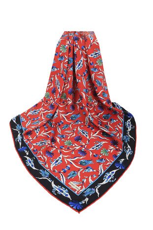 Red Turkish Pattern Carnation Tulip Pattern Silky Square Scarf - Thumbnail