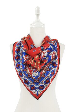 Red Turkish Patterned Cintemani Carnation Pattern Silky Square Scarf - Thumbnail