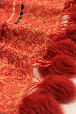 Red Washed Wool & Fur Pompom Shawl - Thumbnail