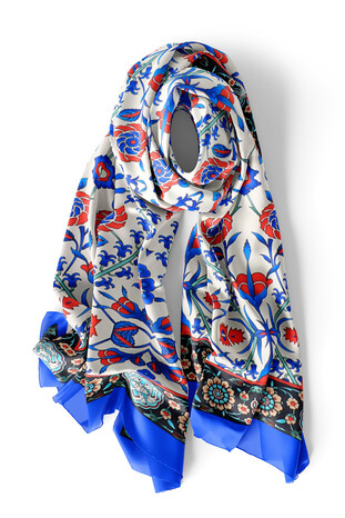 Saks Navy Blue Seljuk Pattern Silk Foulard - Thumbnail