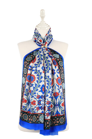 Saks Navy Blue Seljuk Pattern Silk Foulard - Thumbnail