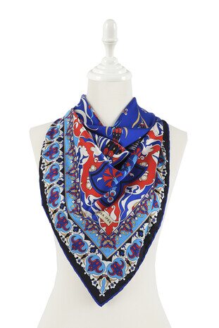 Saks Turkish Patterned Cintemani Carnation Pattern Silky Square Scarf - Thumbnail