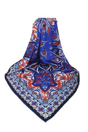 Saks Turkish Patterned Cintemani Carnation Pattern Silky Square Scarf - Thumbnail