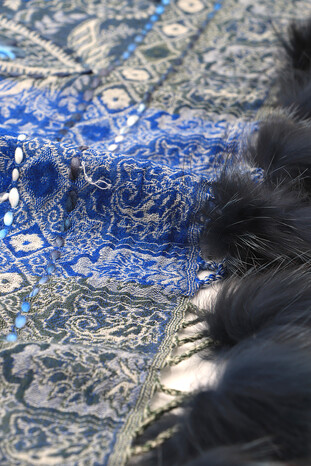 Saks Washed Wool & Fur Pompom Shawl - Thumbnail