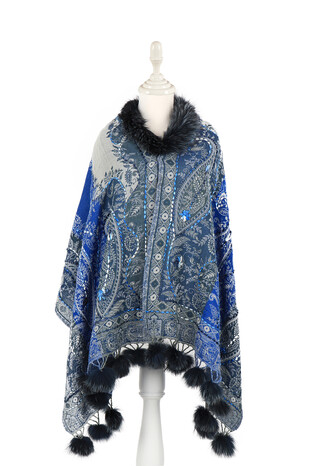 Saks Washed Wool & Fur Pompom Shawl - Thumbnail